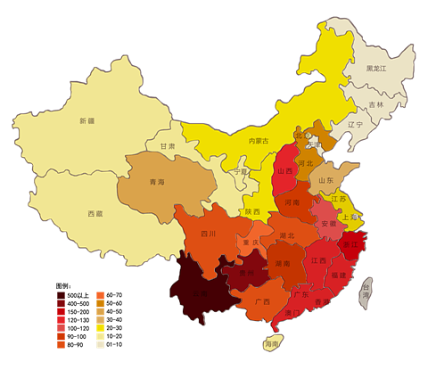图10 1-3批中国传统村落省市区数量地域分布图（单位：个）