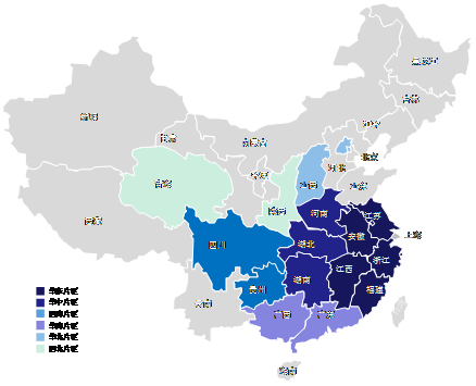 图12 1-7批全国重点保护单位村（寨）数量地域分布图（单位：个）